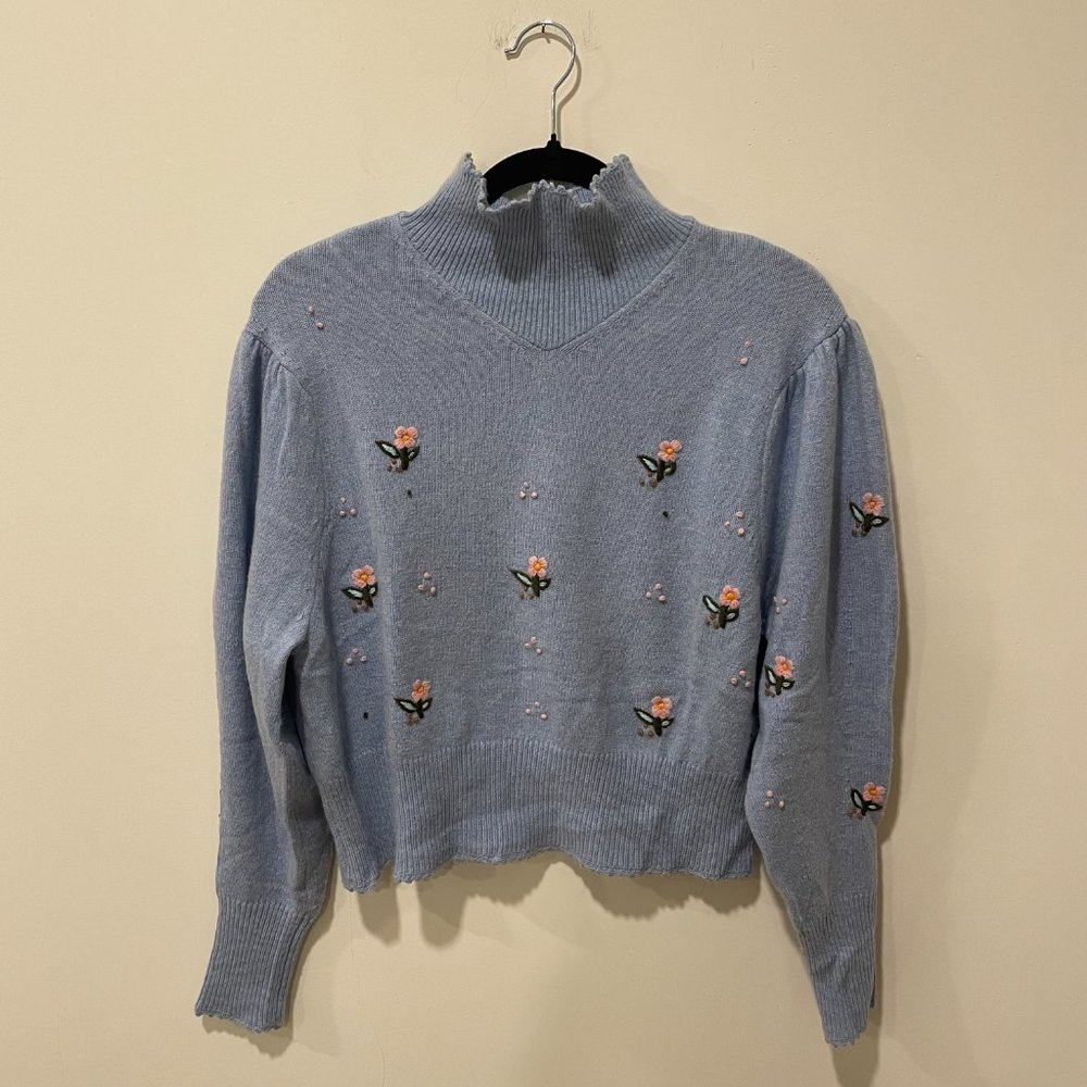 Something Navy Embroidered Mock Neck Sweater in Blue